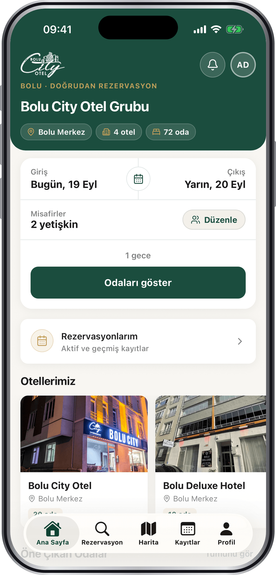 Bolu City Otel uygulamasının ana sayfası